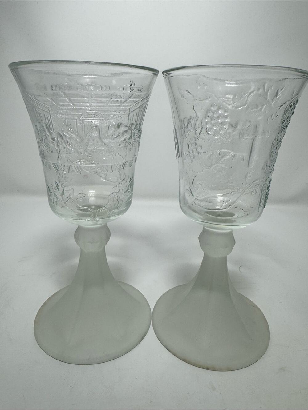 Vintage Indiana Glass Last Supper Clear Glass Goblets with Frosted Stems - Pair